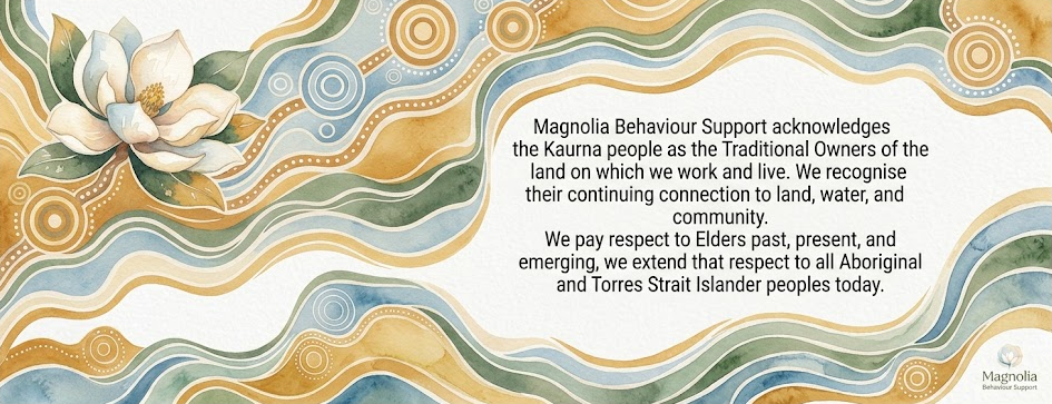 A statement from Magnolia Behaviour Support honoring Kaurna people as traditional landowners and emphasizing respect for Aboriginal and Torres Strait Islander peoples, over an abstract, colorful background with a white flower.