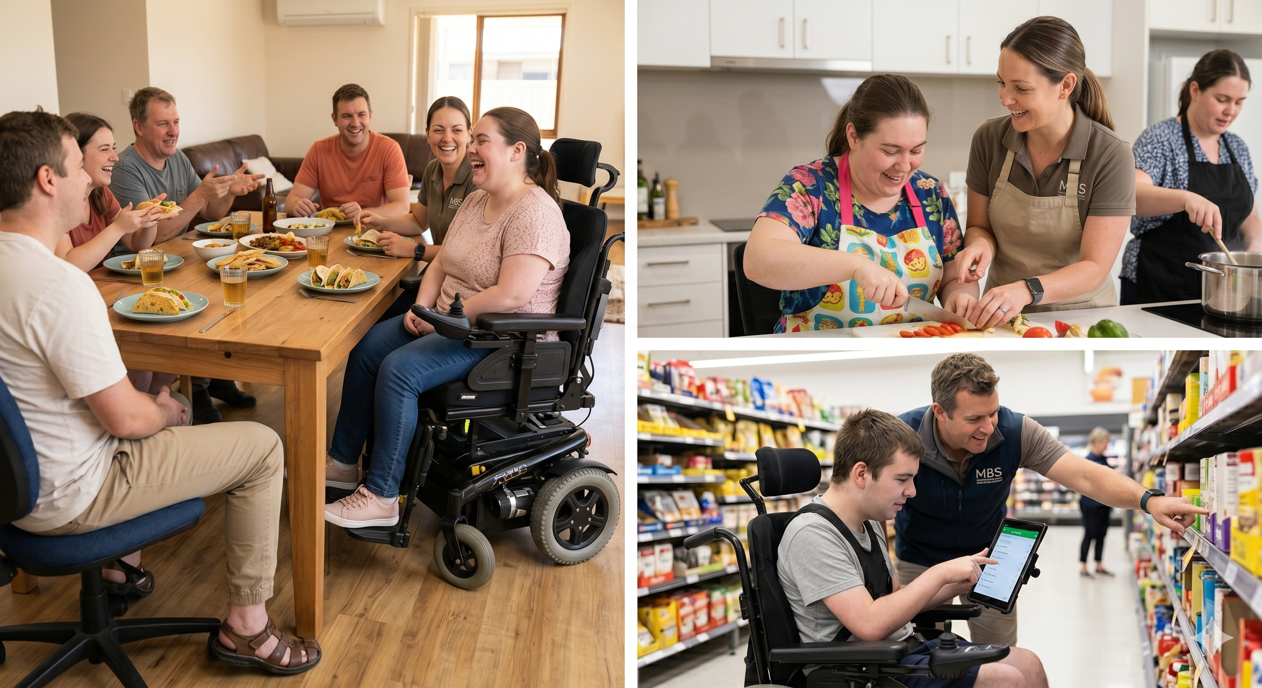 People participating in different activities that include a group gathering, cooking, and shopping for groceries.