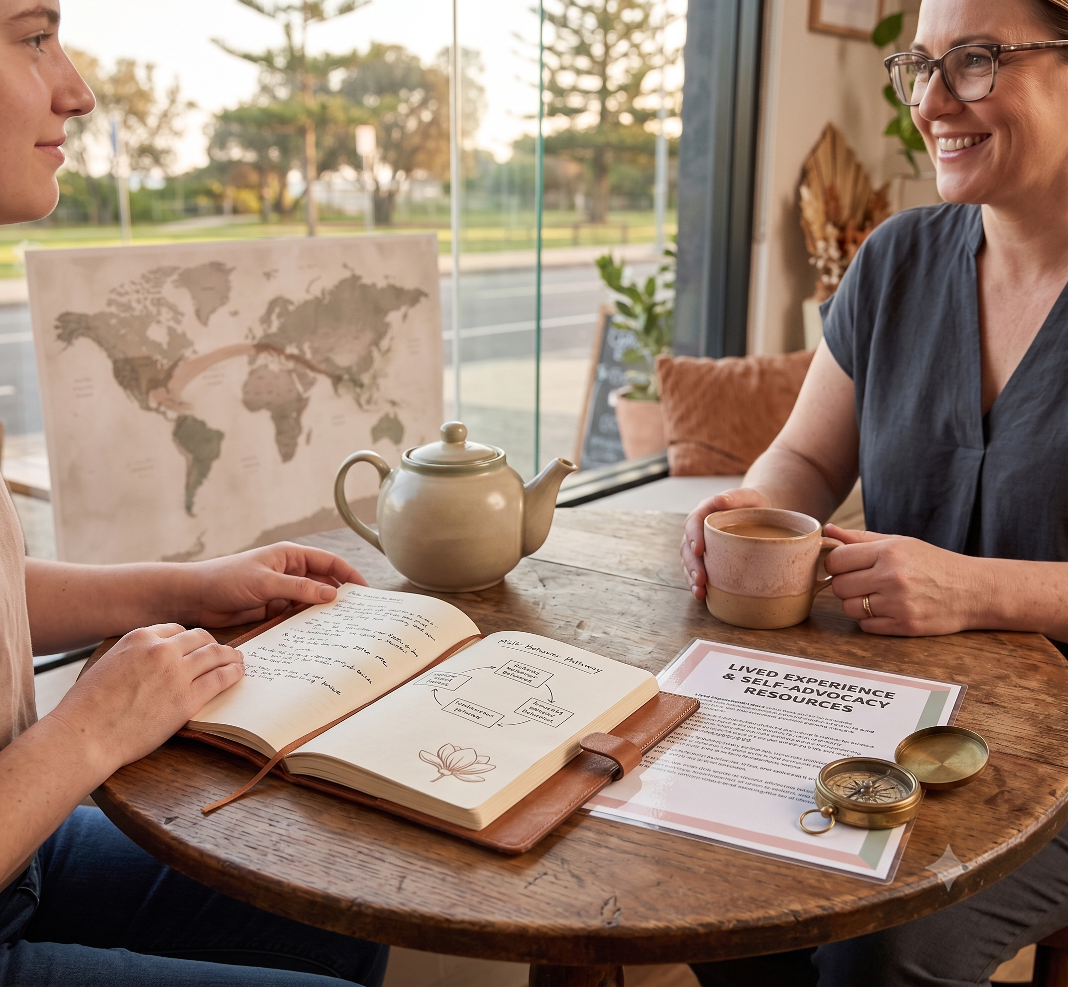 Two women sitting at a wooden table inside a cafe, having a conversation. One woman is wearing glasses and holding a pink mug, smiling. The other person has a notebook open in front of them, and there is a world map, advocacy resources on the table.