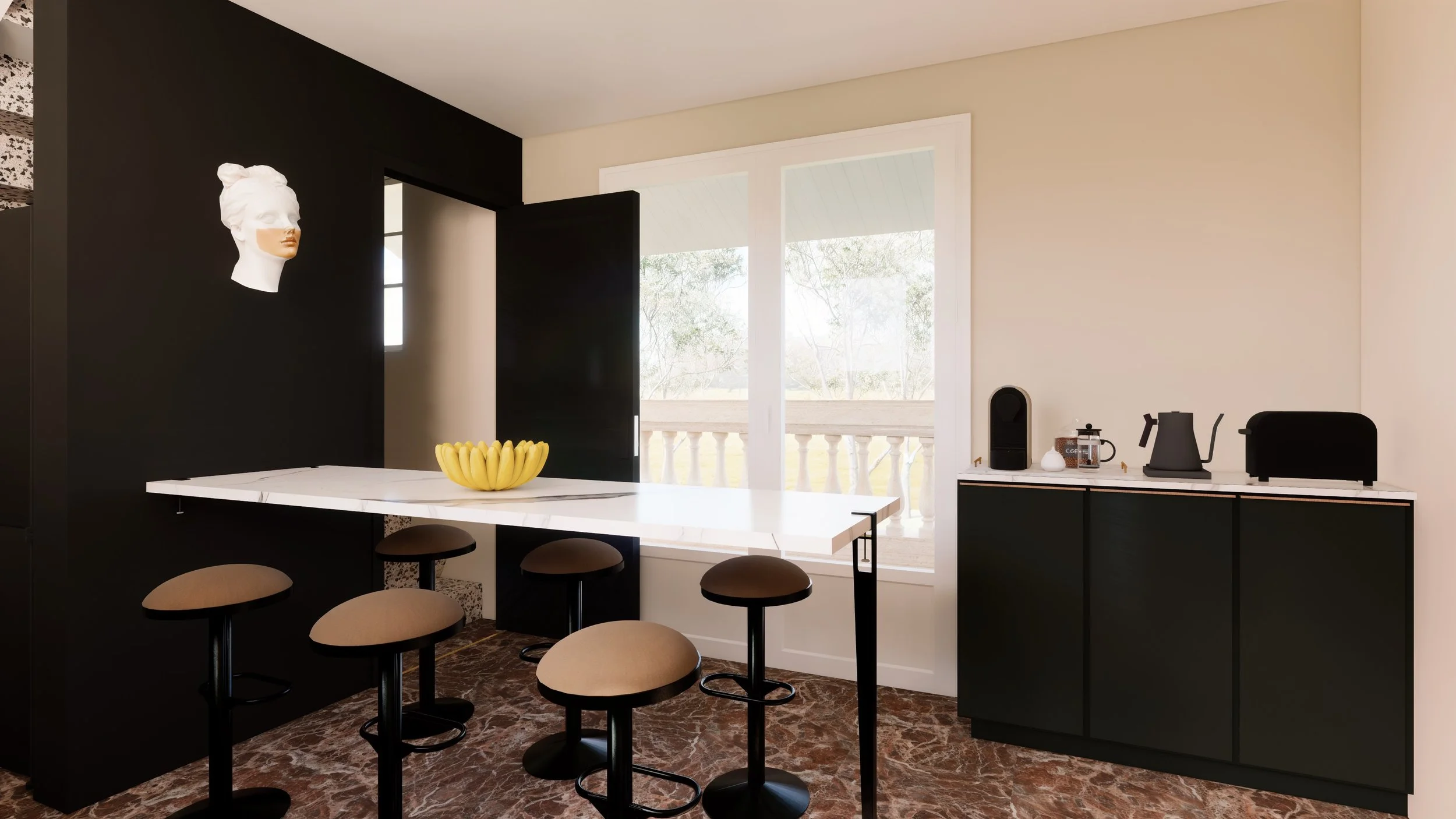 Intérieur de cuisine moderne avec une table blanche, des tabourets, une bannière noire avec une tête de statue en marbre, une fenêtre laissant entrer la lumière naturelle, une étagère avec une cafetière, une théière, une machine à café et un grille-p