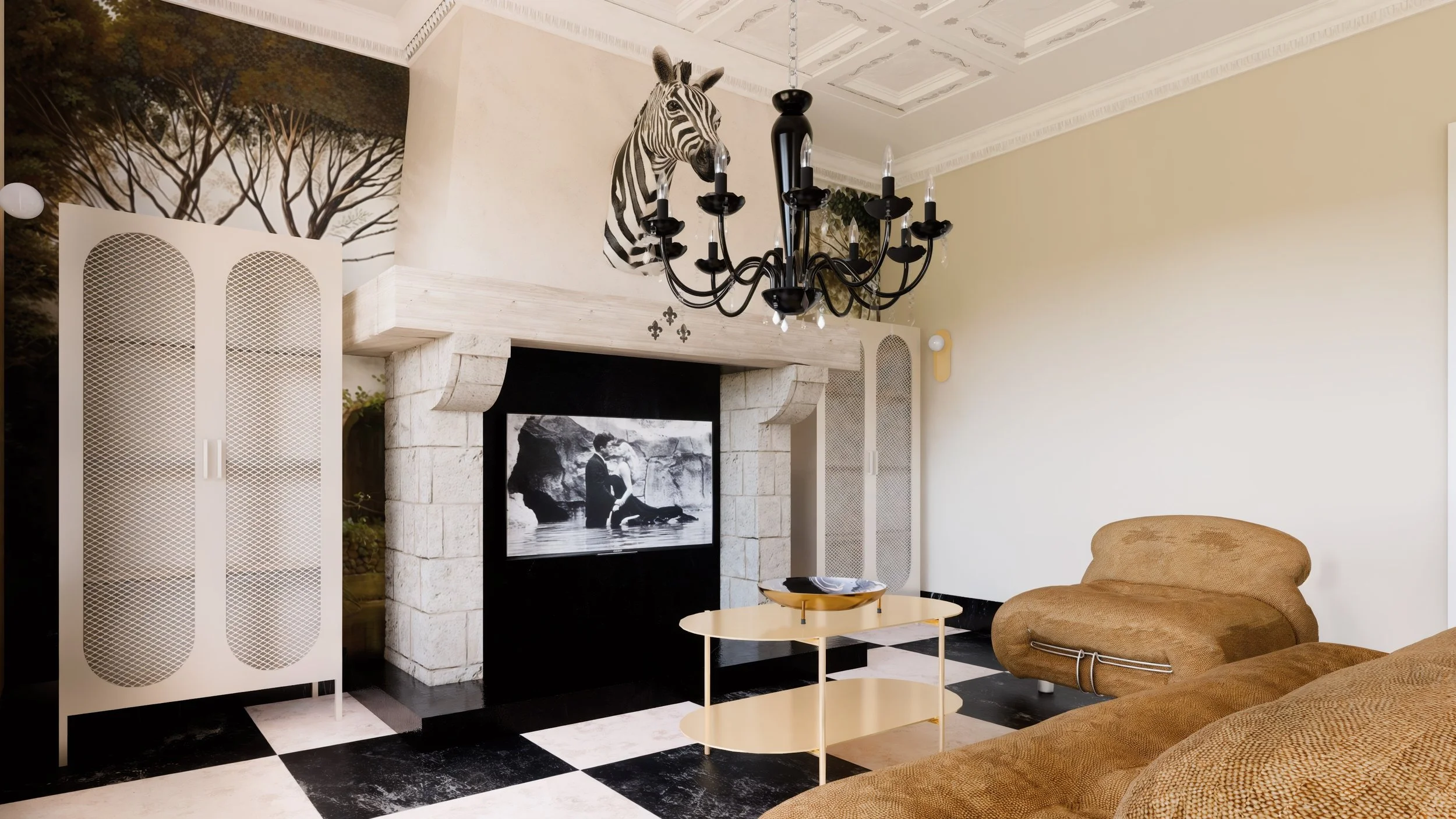 Salon avec cheminée en pierre, un téléviseur en dessous d'une cheminée, un mur décoré d'une peinture d'un arbre, un chandelier noir suspendu au plafond, une petite table ronde jaune, une chaise en tissu beige, et un paravent blanc avec motif en grill