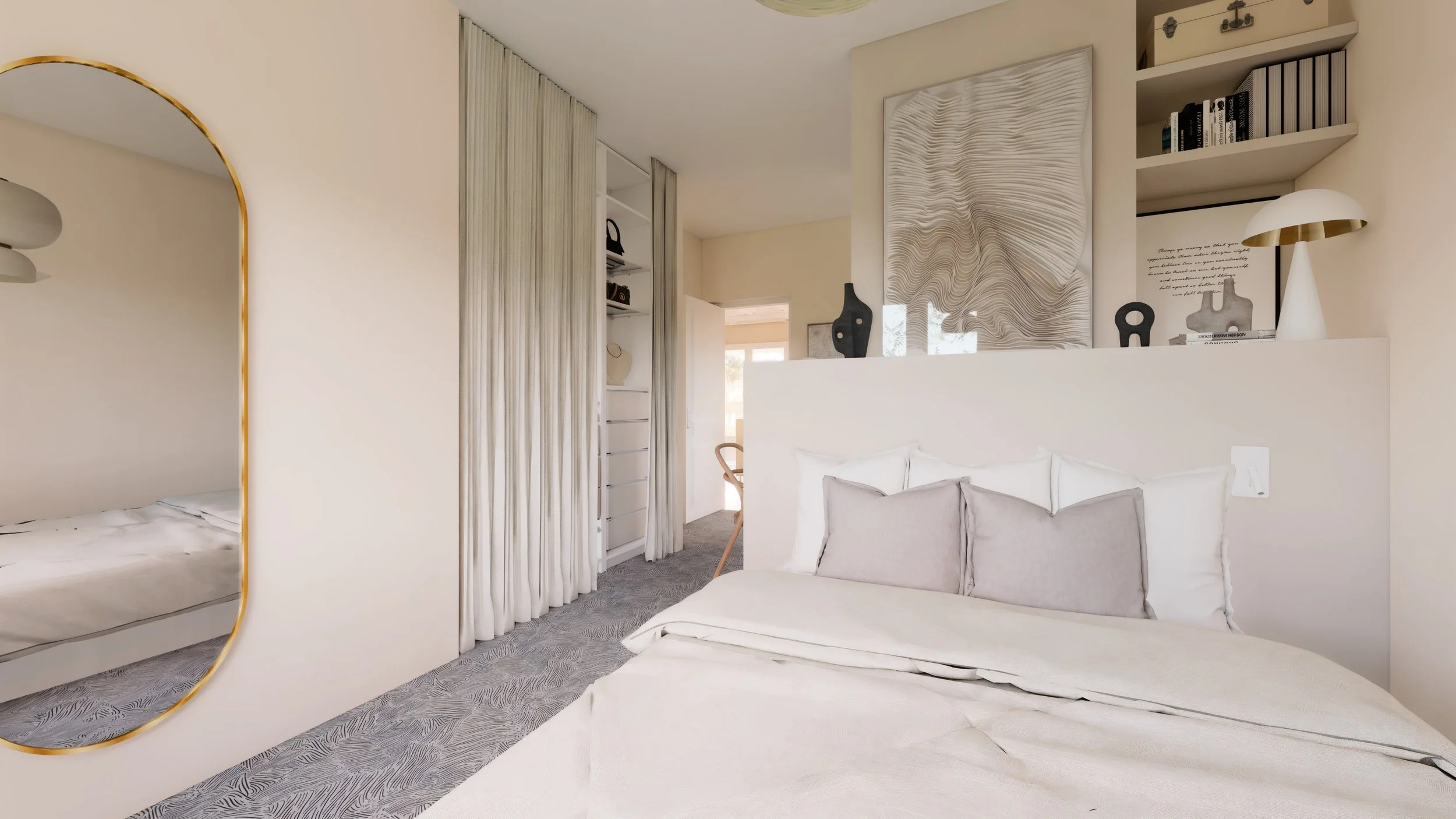 Une chambre moderne avec un lit blanc, un miroir ovale avec cadre doré, des décorations en noir et blanc sur un mur, une étagère avec des livres, une lampe de bureau blanche avec un intérieur doré, une table en bois, et des rideaux blancs séparant di