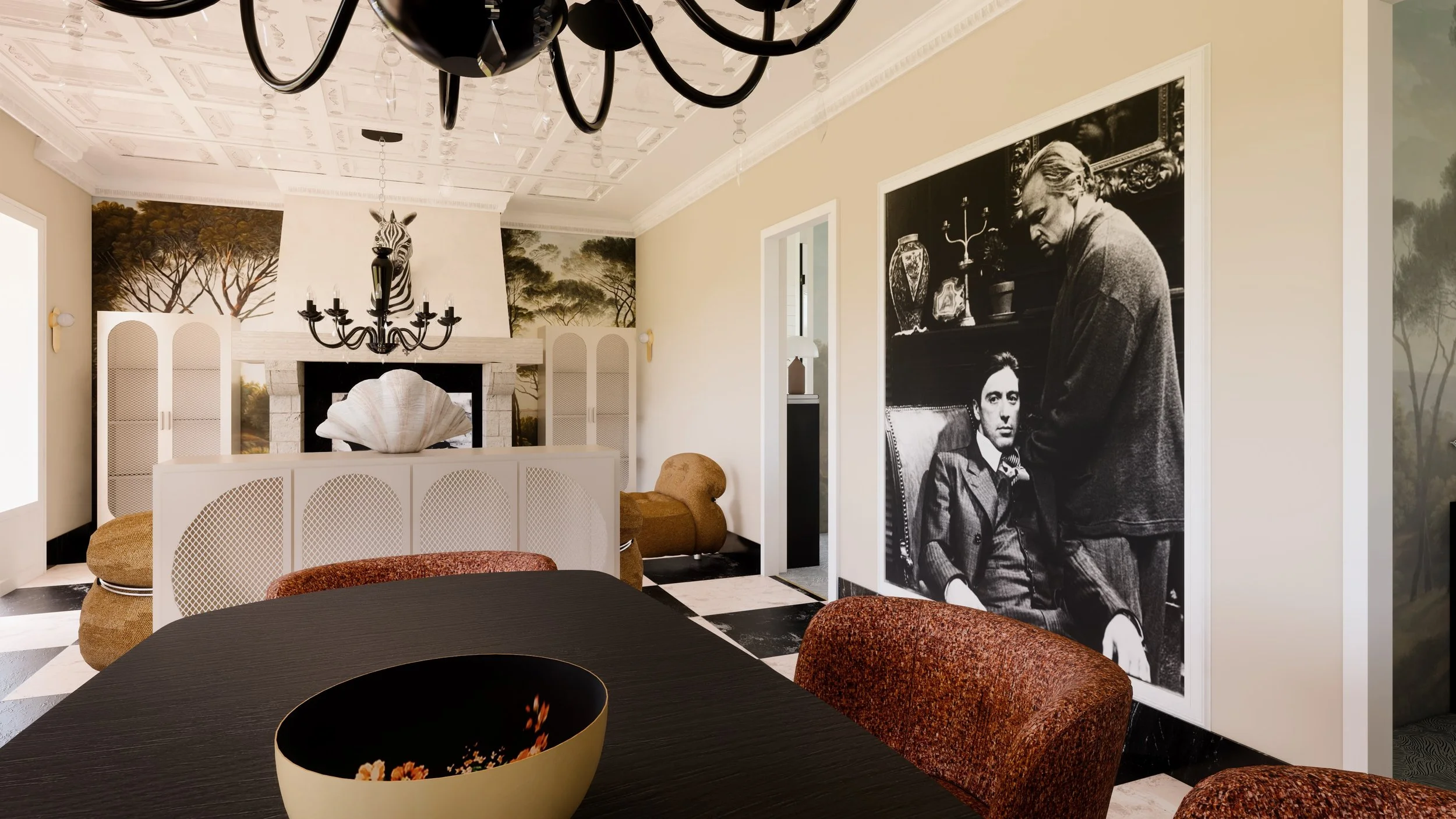 Une salle à manger élégante avec un grand chandelier noir, des murs ornés de tableaux, dont un portrait en noir et blanc de deux personnes, et une cheminée décorative avec un grand coquillage. Des fauteuils en tissu marron et une table ronde en bois 