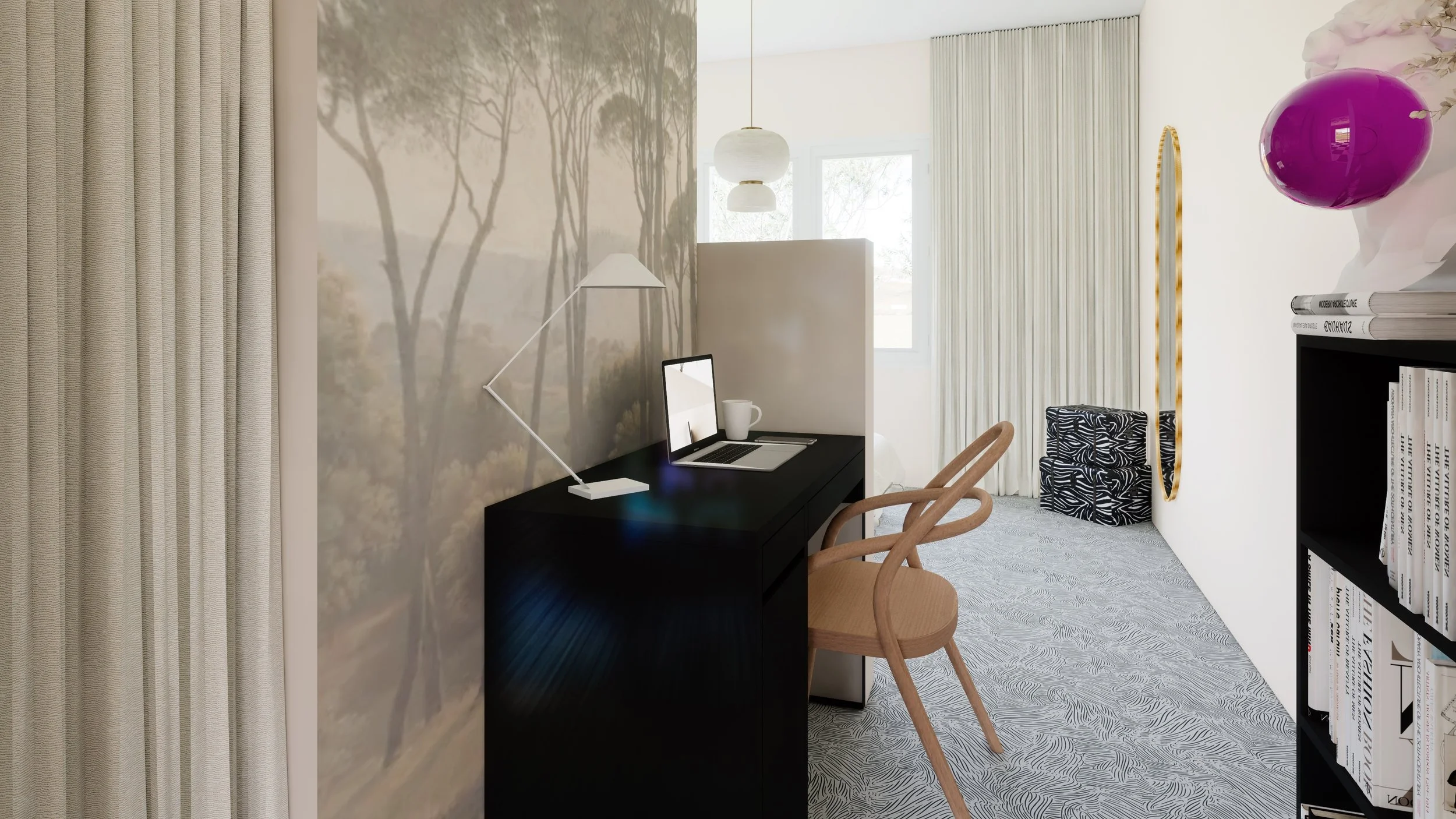 Espace de bureau dans une pièce lumineuse avec une table noire, un ordinateur portable, une lampe de bureau blanche, une tasse, des chaises en bois, une bibliothèque avec des livres, et une décoration avec ballon violet.
