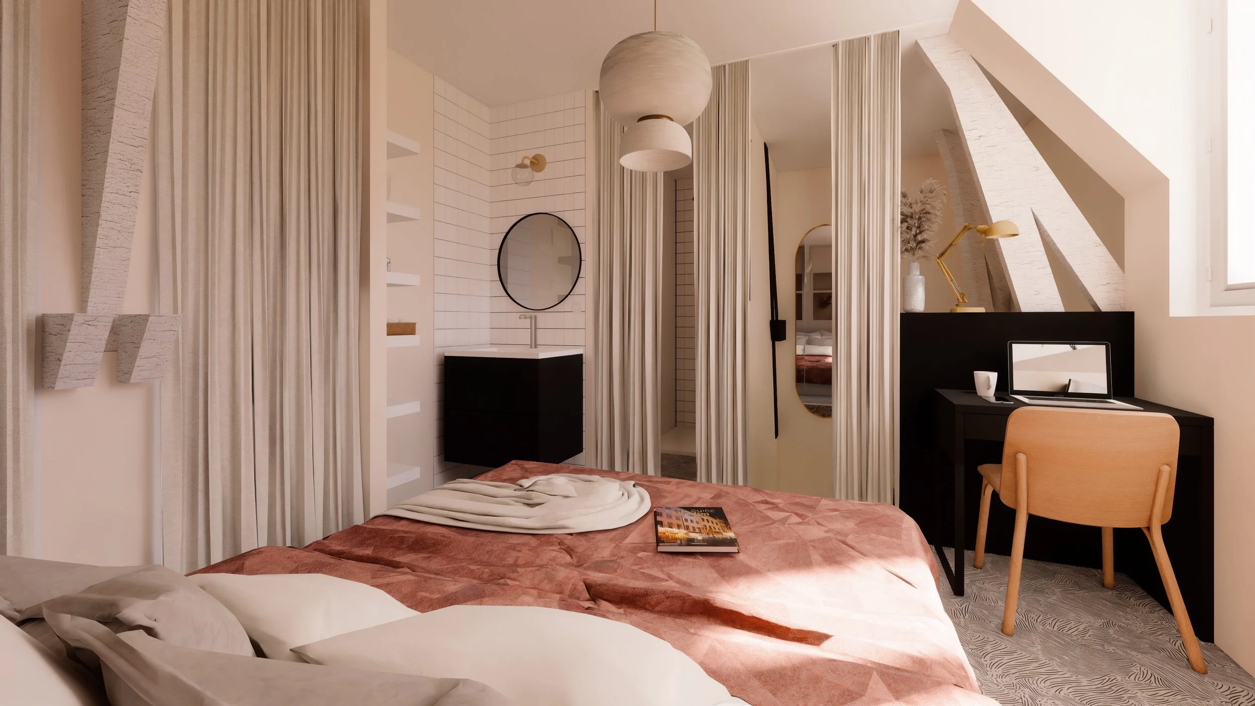 Chambre moderne avec lit, miroir rond, bureau avec ordinateur, lampes, rideaux et décoration minimaliste dans des couleurs neutres.