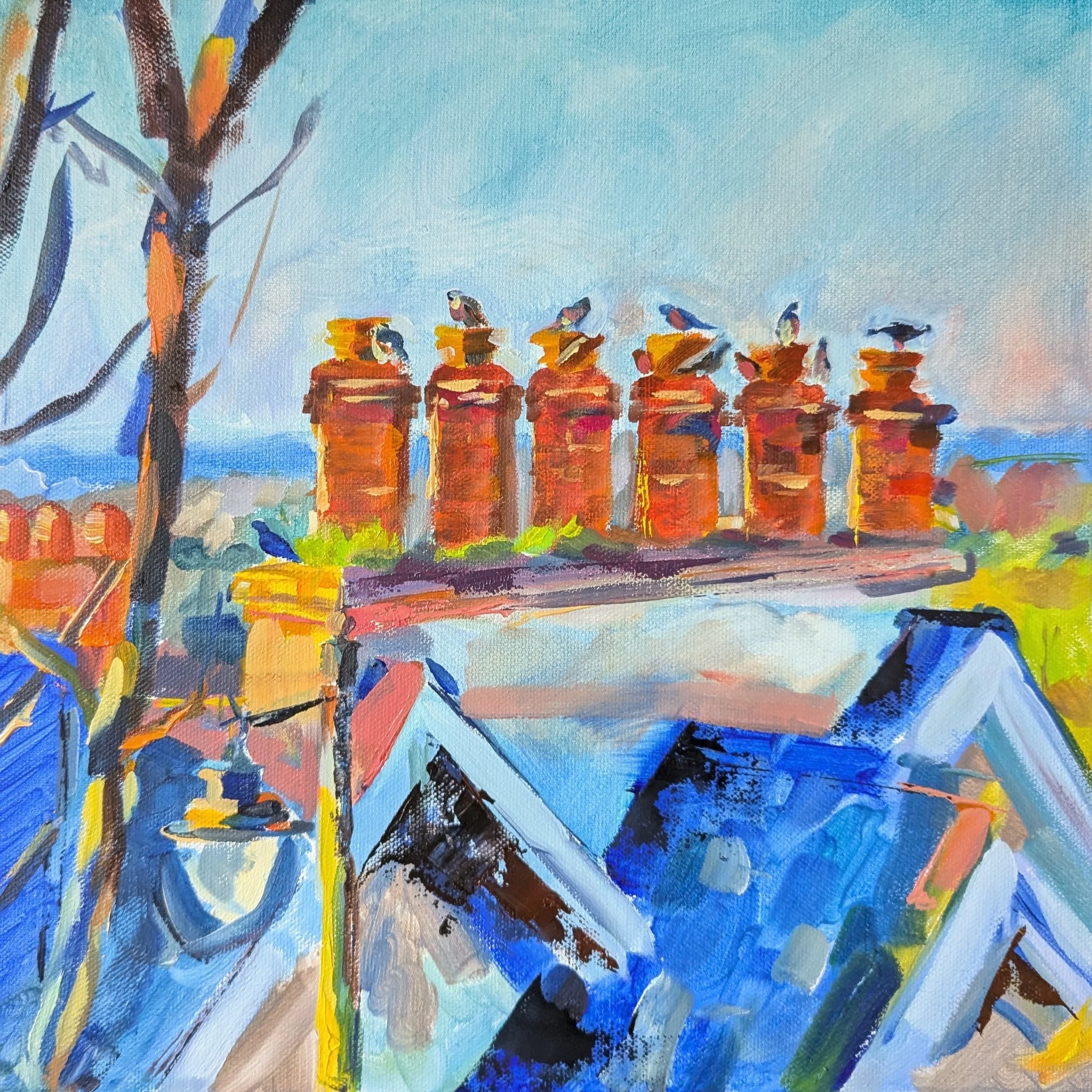 Pigeons on Chimneys - £400 -
Oil on panel -
30.5cm x 30.5cm
