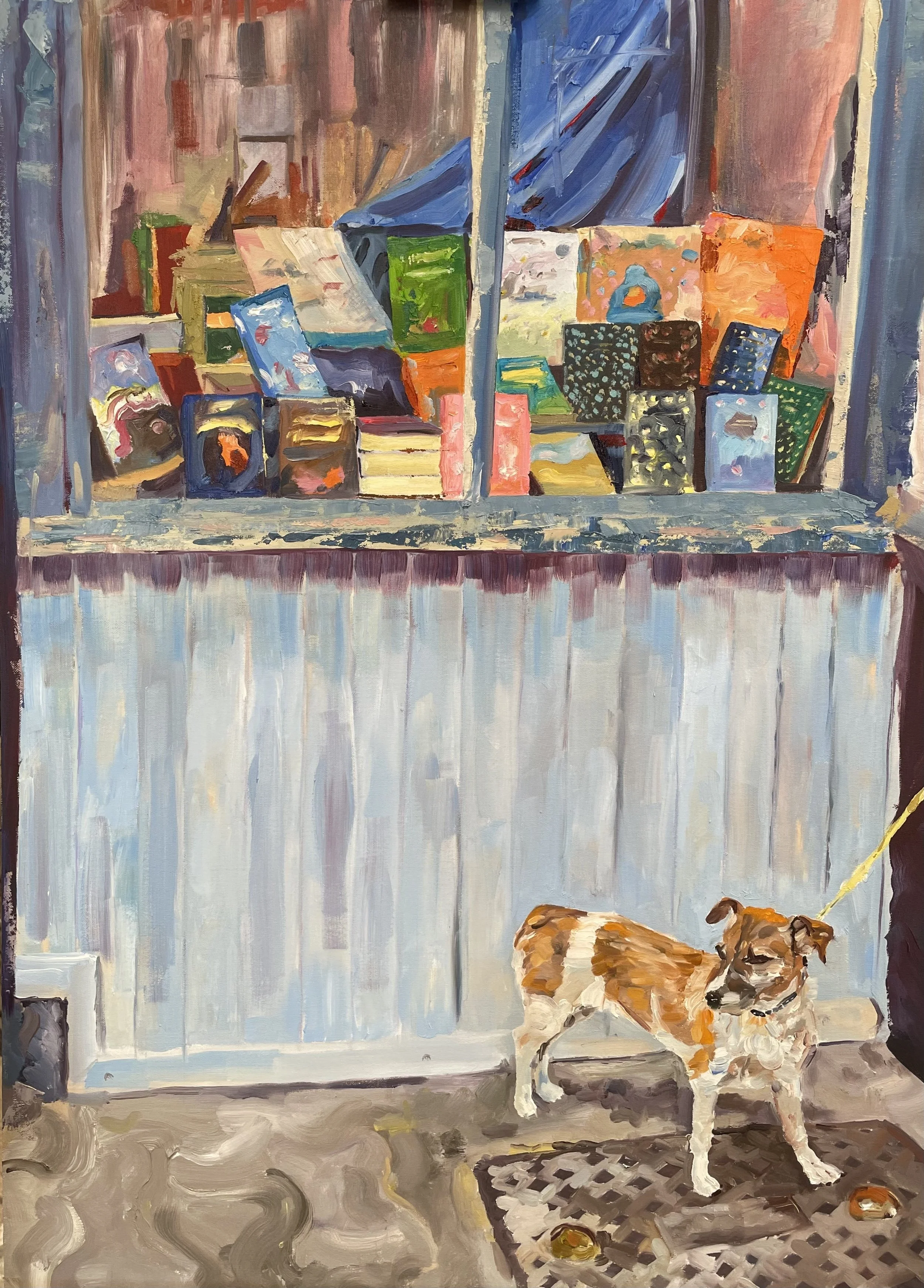 SOLD - Dog Outside a Bookshop, Hay-on-Wye - £900 - Oil on panel 

