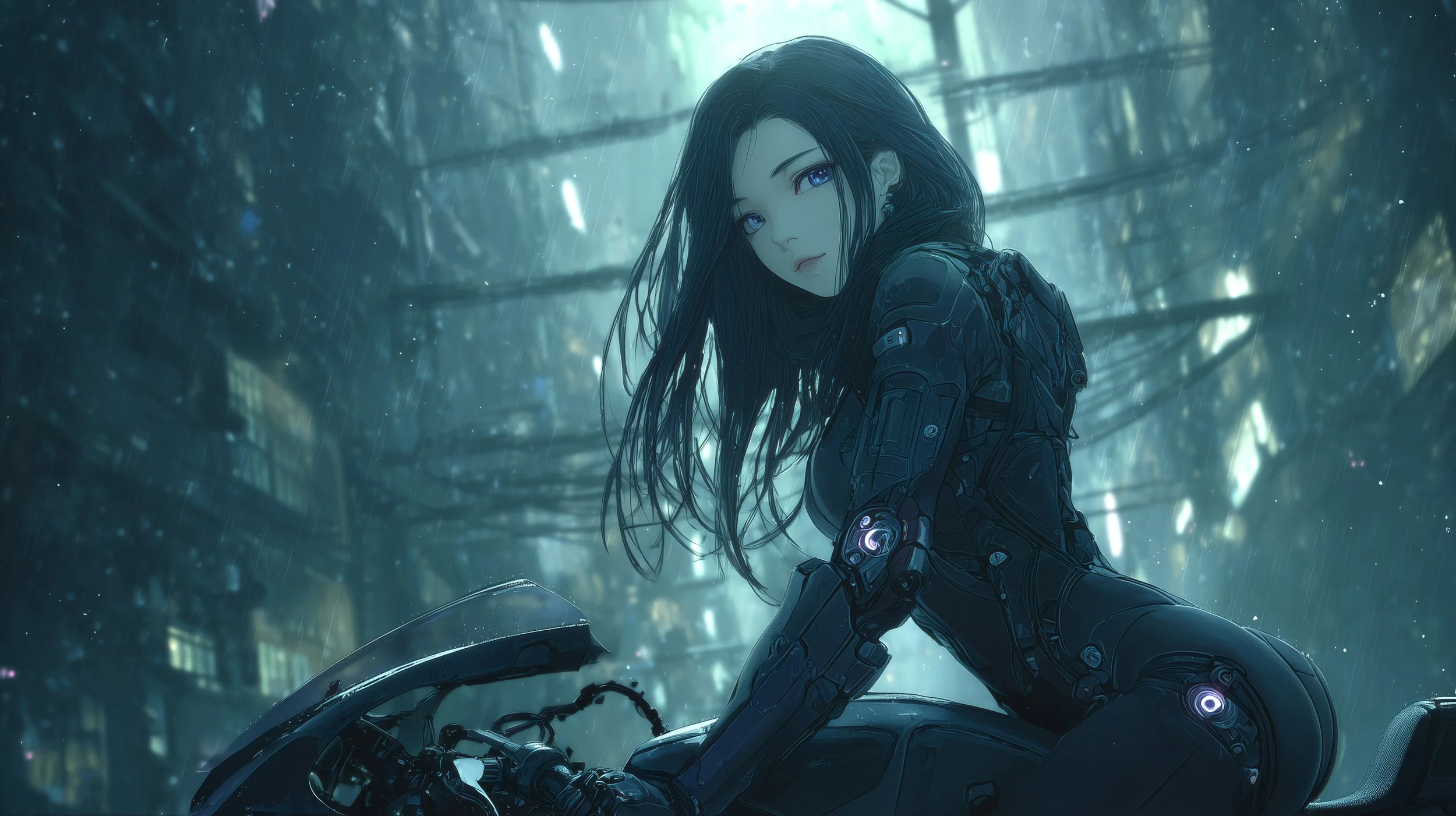 Cyberpunk female motorcyclist with long black hair, dressed in high-tech black armor, sitting on a sleek motorcycle in a rain-soaked forest with glowing elements and dense city alley in the background.