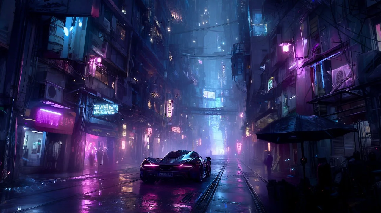 A futuristic city street at night with neon purple and blue lights, a sleek black sports car parked on the wet road, and tall buildings adorned with illuminated signs and advertisements, creating a cyberpunk atmosphere.