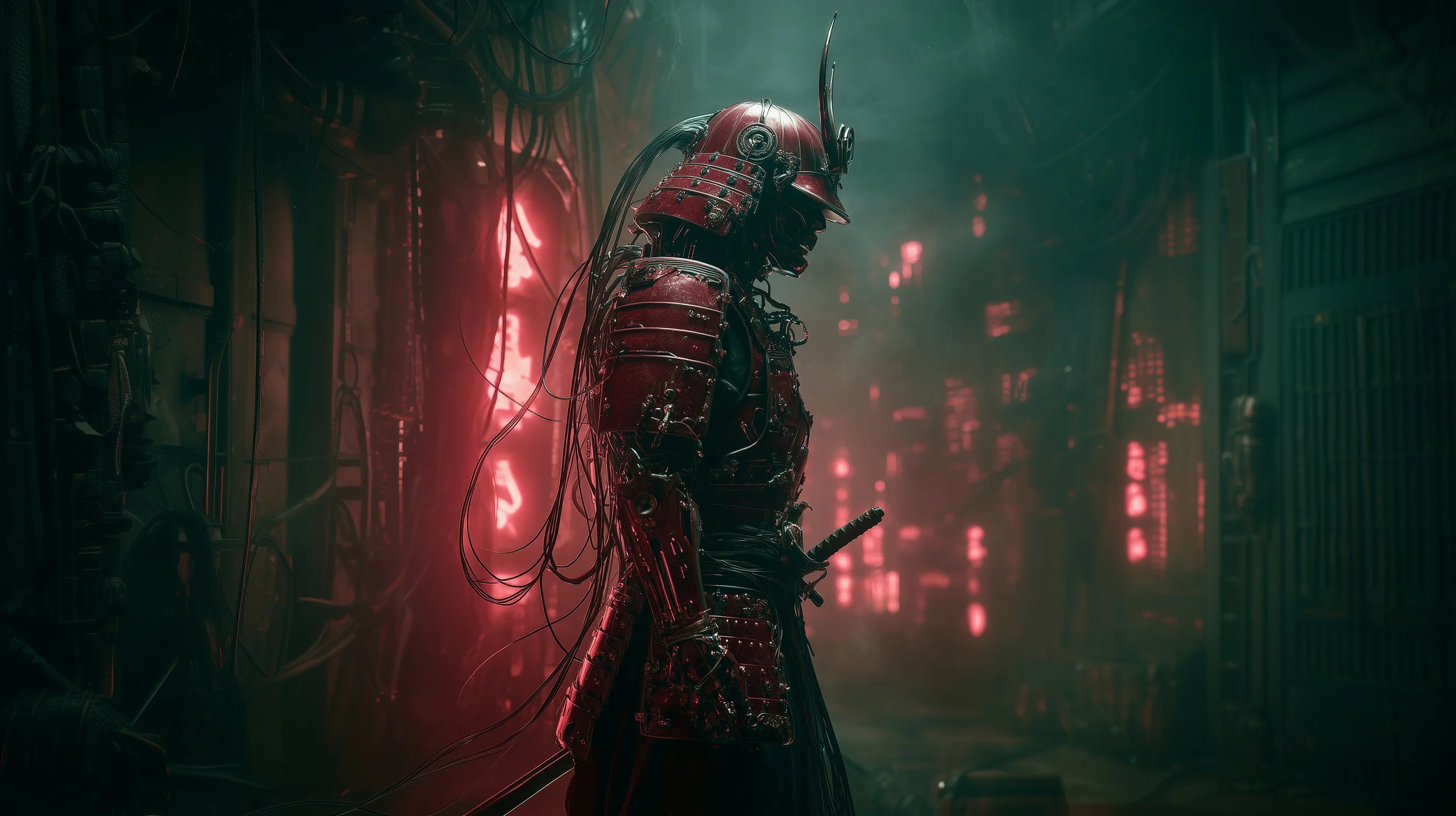 A futuristic cyborg samurai standing in a high-tech, cyberpunk-style environment illuminated by red neon lights, with wires and machinery visible.
