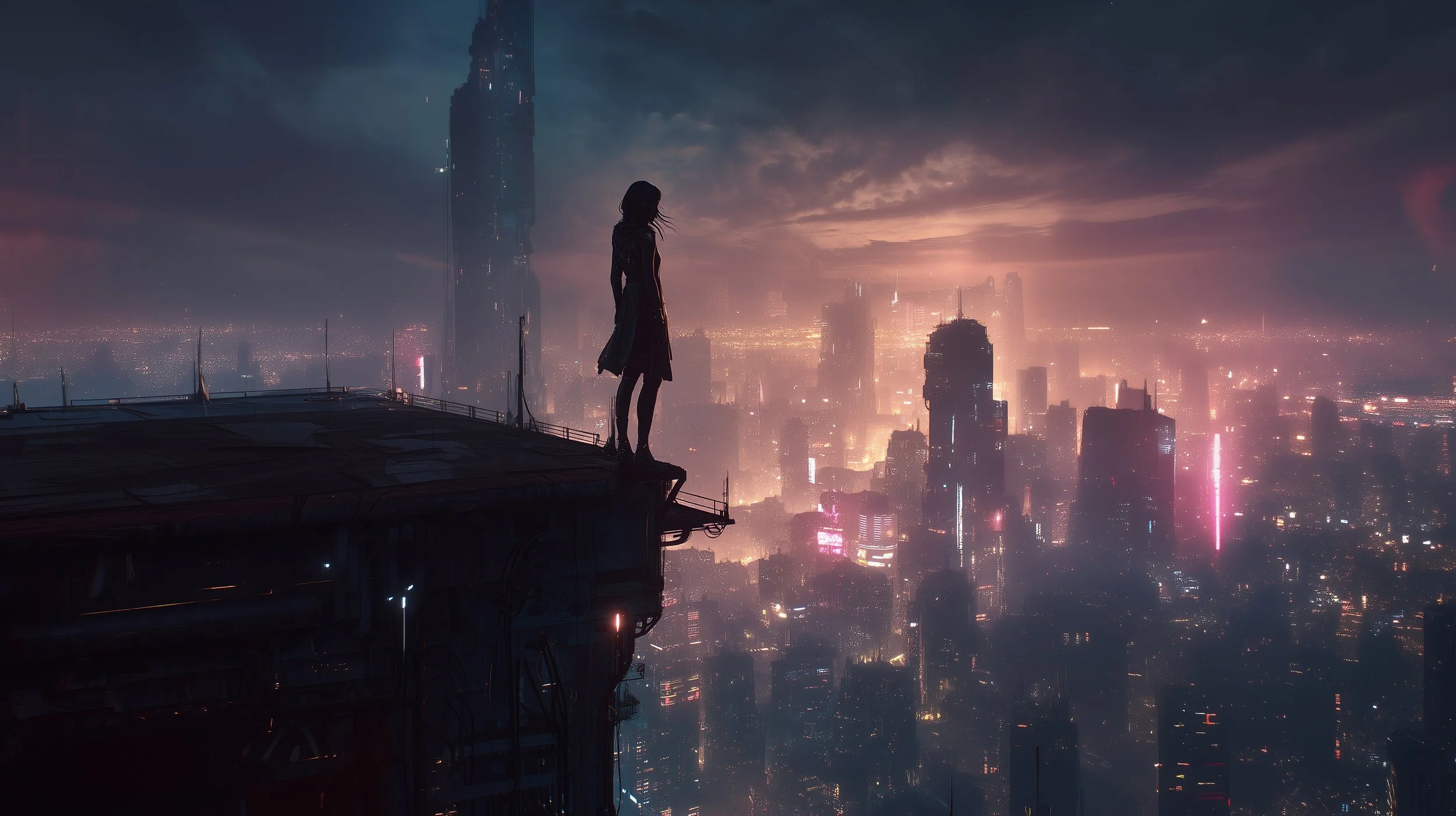 Silhouette of a woman standing on the edge of a rooftop overlooking a futuristic cityscape at night with tall skyscrapers illuminated by neon lights and a cloudy sky.