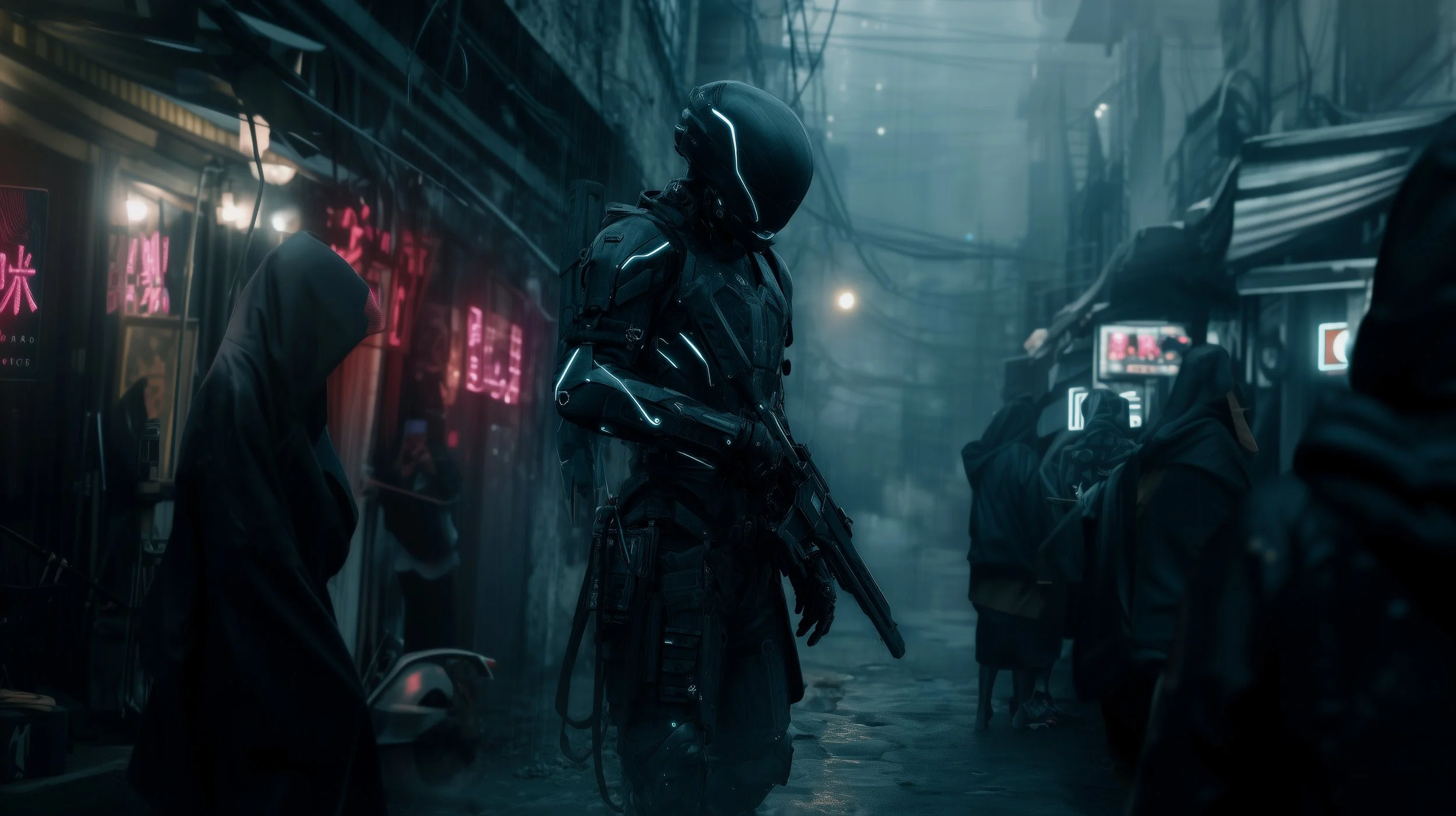 A futuristic cyberpunk scene in a neon-lit city alley with a humanoid robot in advanced armor and a helmet, surrounded by people wearing hooded jackets.