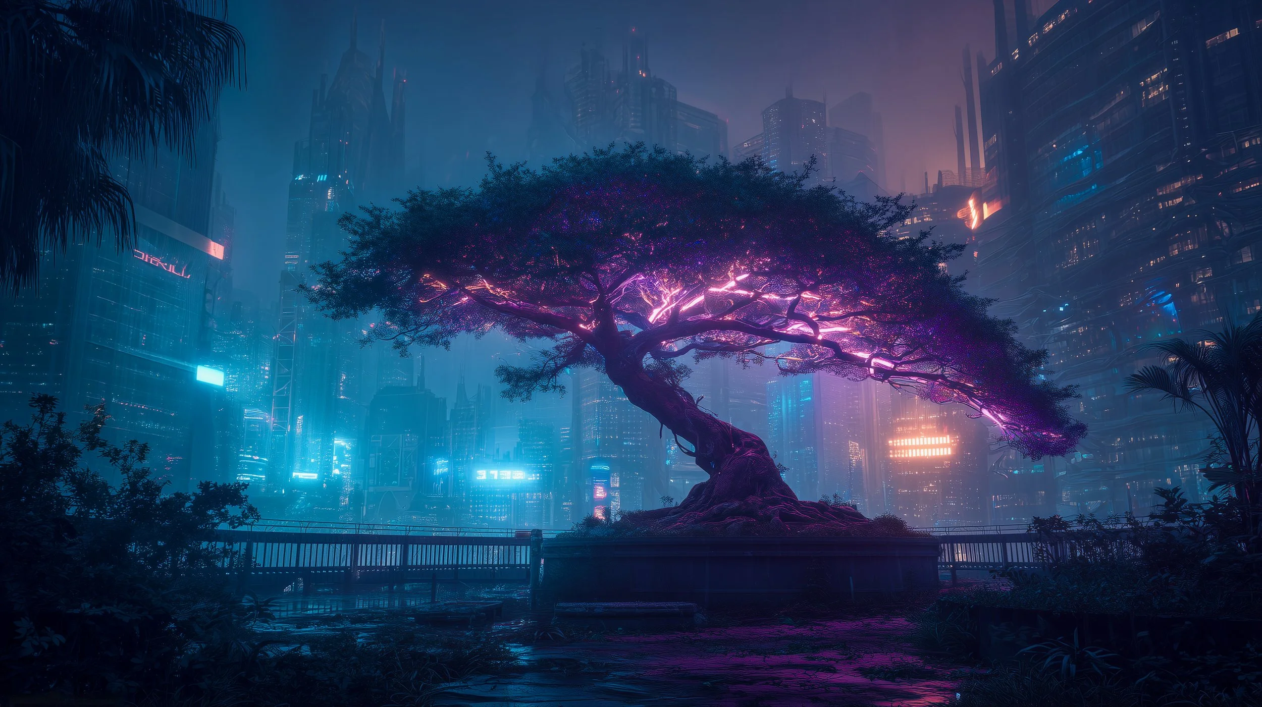 A futuristic cityscape at night with tall skyscrapers illuminated by neon lights and a digitally enhanced tree that appears to have glowing, pinkish-purple lights on its branches.