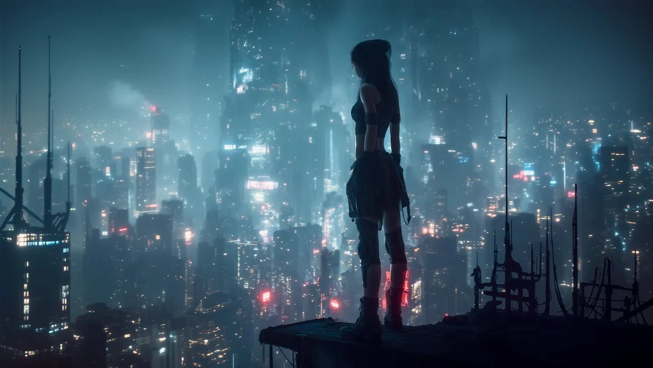 Cyberpunk-style female character standing on a rooftop overlooking a futuristic cityscape at night with neon lights and tall skyscrapers.