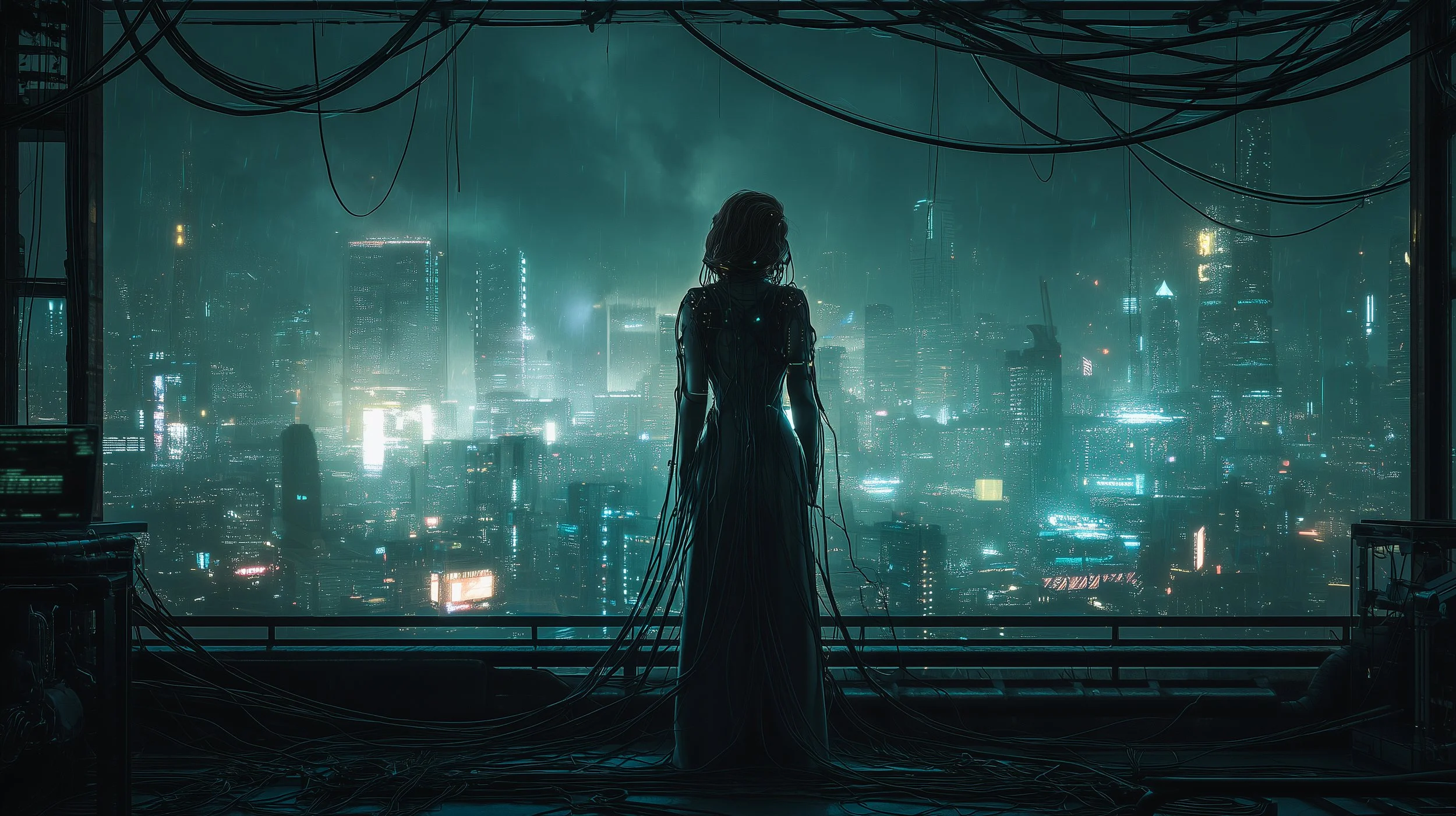 A synthetic woman looking out a large window at a futuristic, dystopian city.