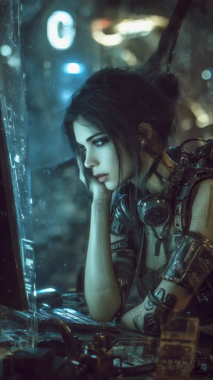 A photo of a beautiful, cyberpunk woman with black hair and pale skin stares at a computer screen with her head in her hand.