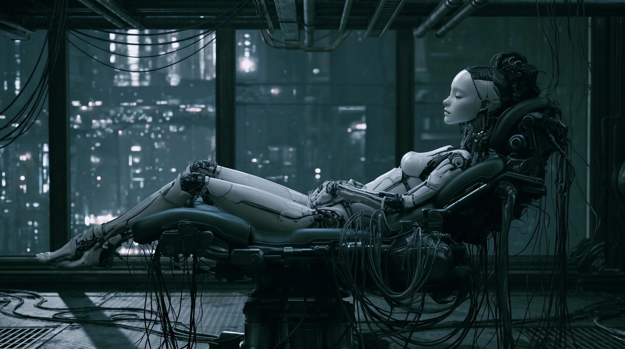 A photo of a synthetic woman reclining in what looks like a high-tech chair. There are wires and cables attached to it. The woman appears to be made from a white ceramic material.