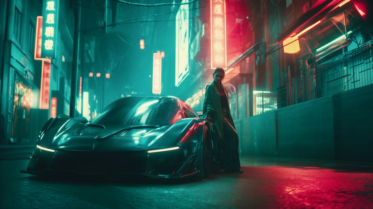 A futuristic woman with a jacket leaning against a sleek, black sports car in a neon-lit city street at night with Asian signs and buildings in the background.