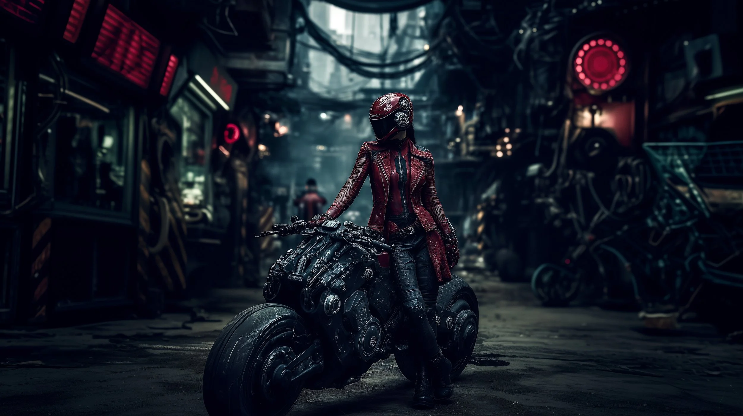 A person wearing a red and black helmet and red leather jacket, standing next to a futuristic motorcycle in a dark, industrial city alley with neon lights and mechanical structures.