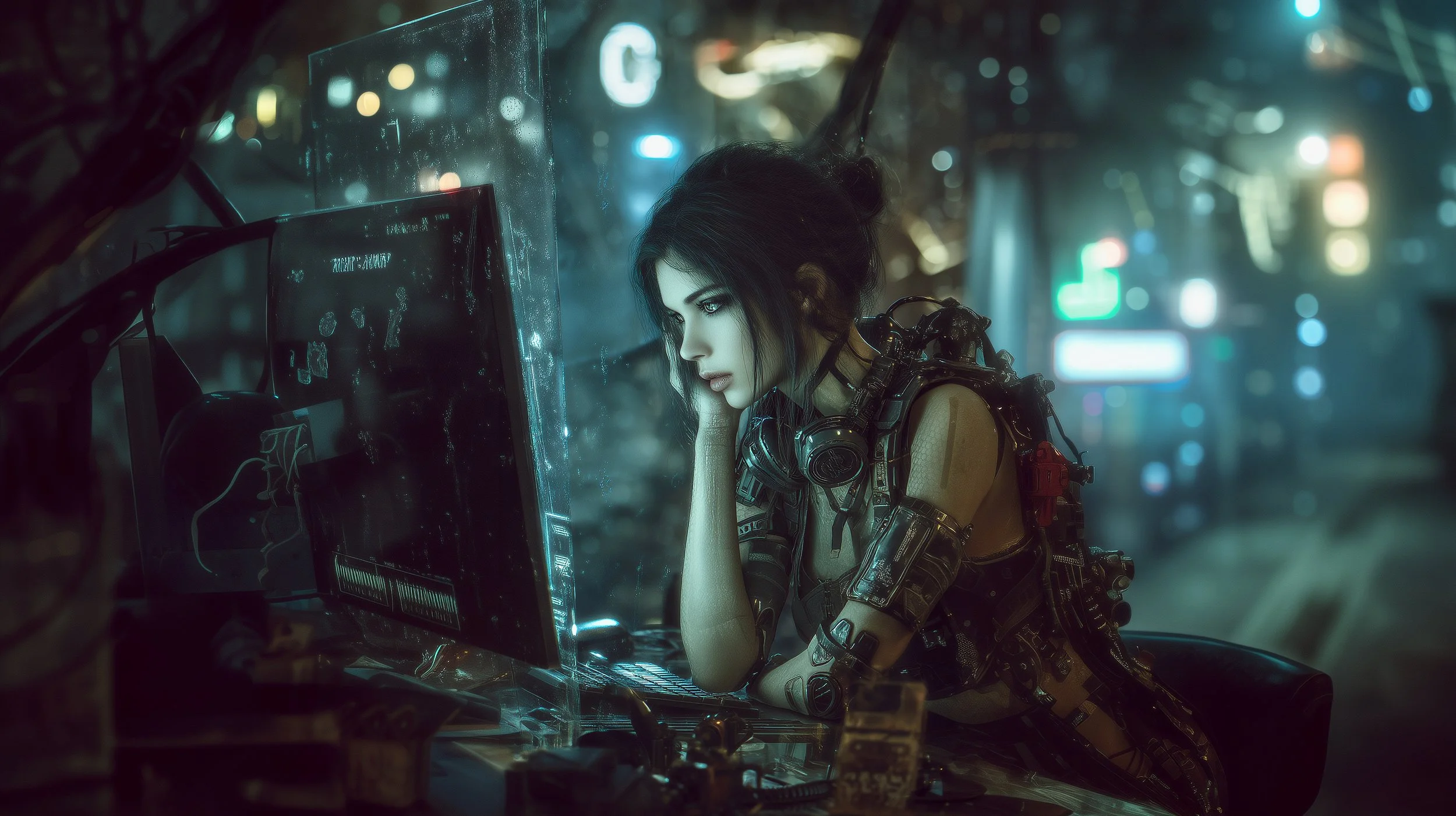 A woman sitting alone at a desk in a cyberpunk city at night, surrounded by glowing neon lights, with her head resting on her hand and wearing advanced cybernetic enhancements.