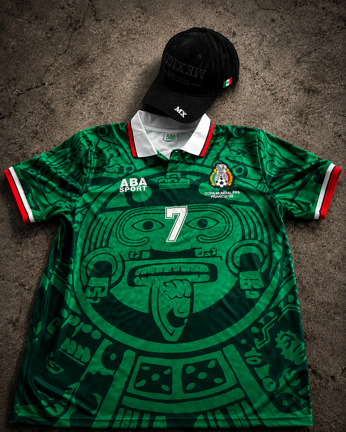 MX Heritage black corduroy hat with upside-down MEXICO embroidery styled with a vintage Mexico national soccer jersey. Mexican streetwear inspired by football culture, heritage, and pride.