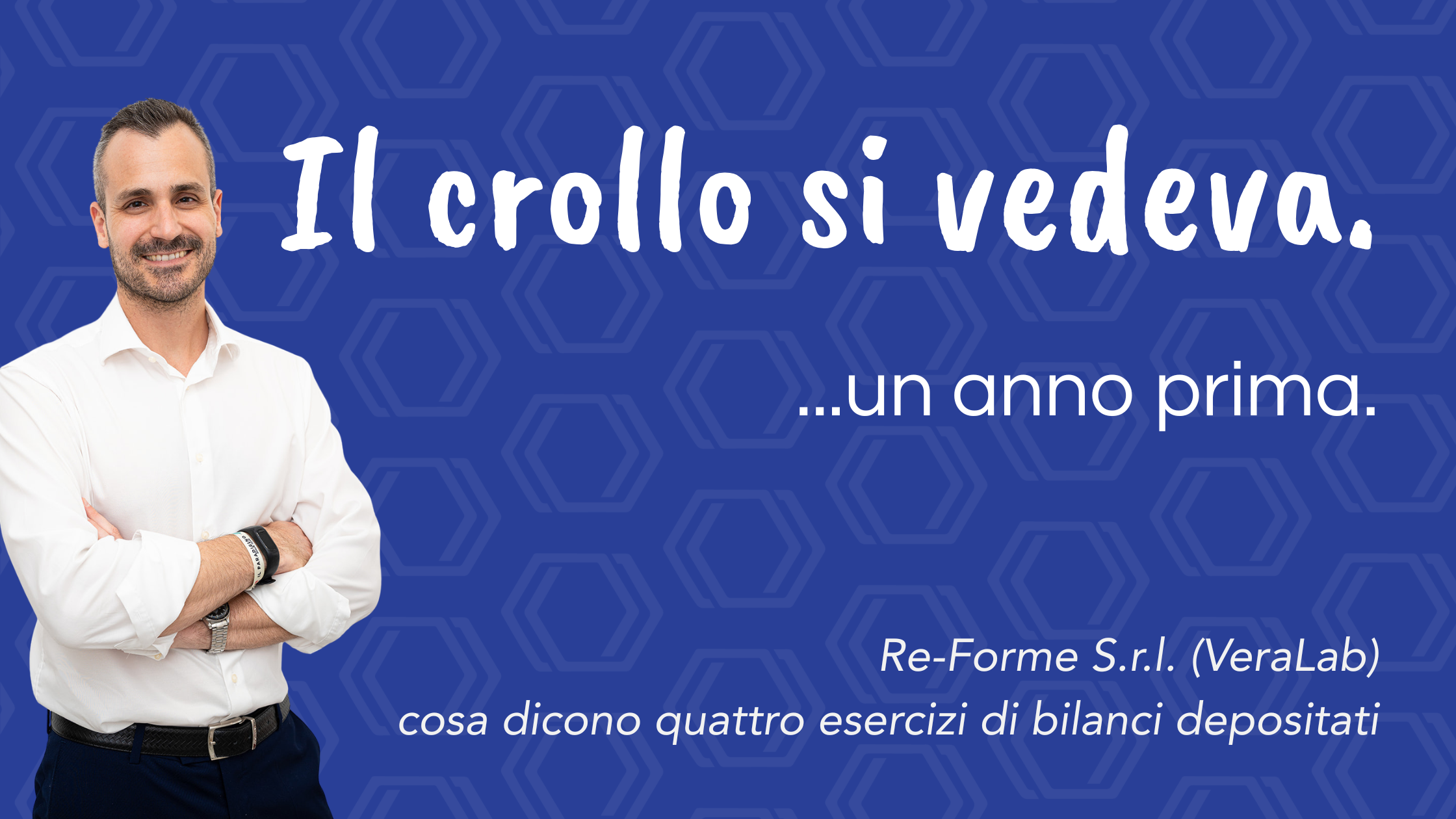 Copertina dell’analisi sui bilanci 2022-2025 di Re-Forme VeraLab, con ritratto dell’autore Federico Noferi e titolo “Il crollo si vedeva un anno prima”