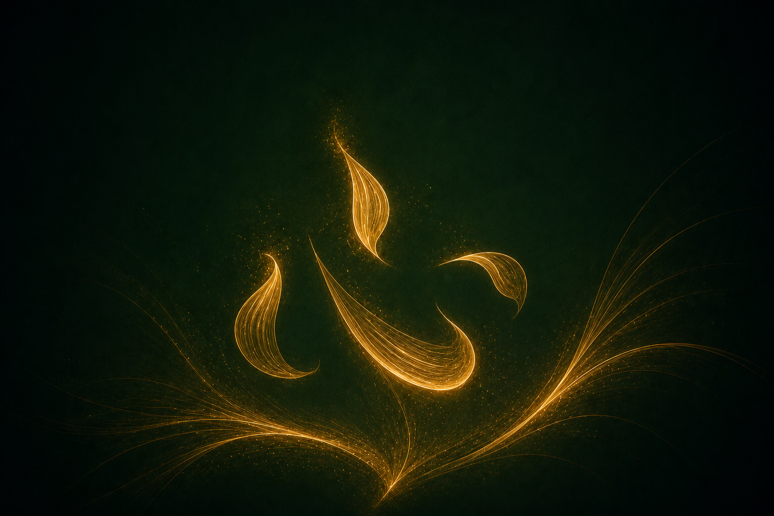 Abstract digital artwork featuring glowing golden, flame-like light streaks and particles set against a dark background.