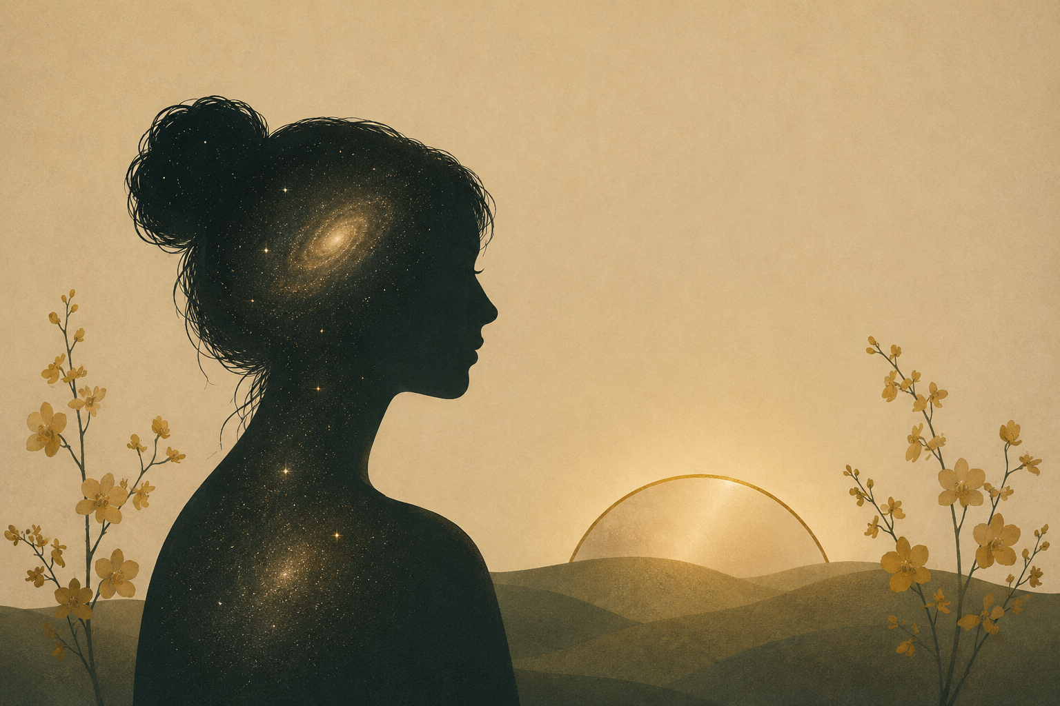 Silhouette of a woman with stars and galaxies in her hair, standing in front of a sunset over rolling hills with yellow flowers in the foreground.