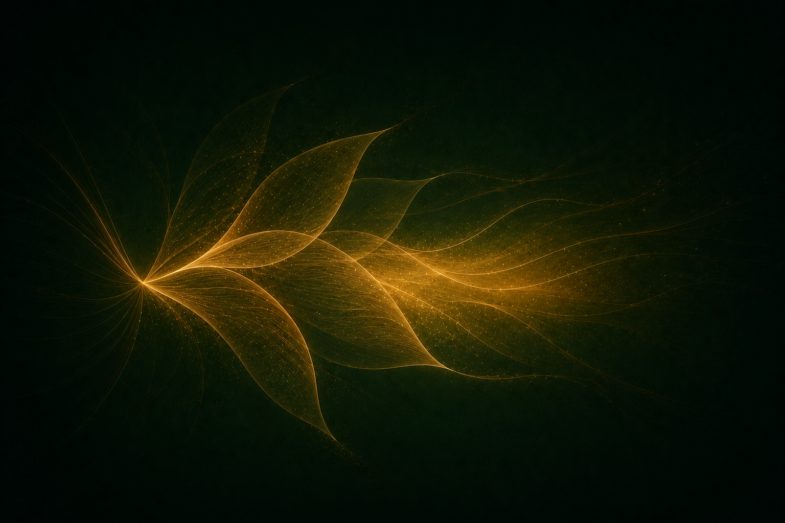 Abstract digital art with glowing golden lines and sparks forming delicate leaf-like shapes on a dark background.