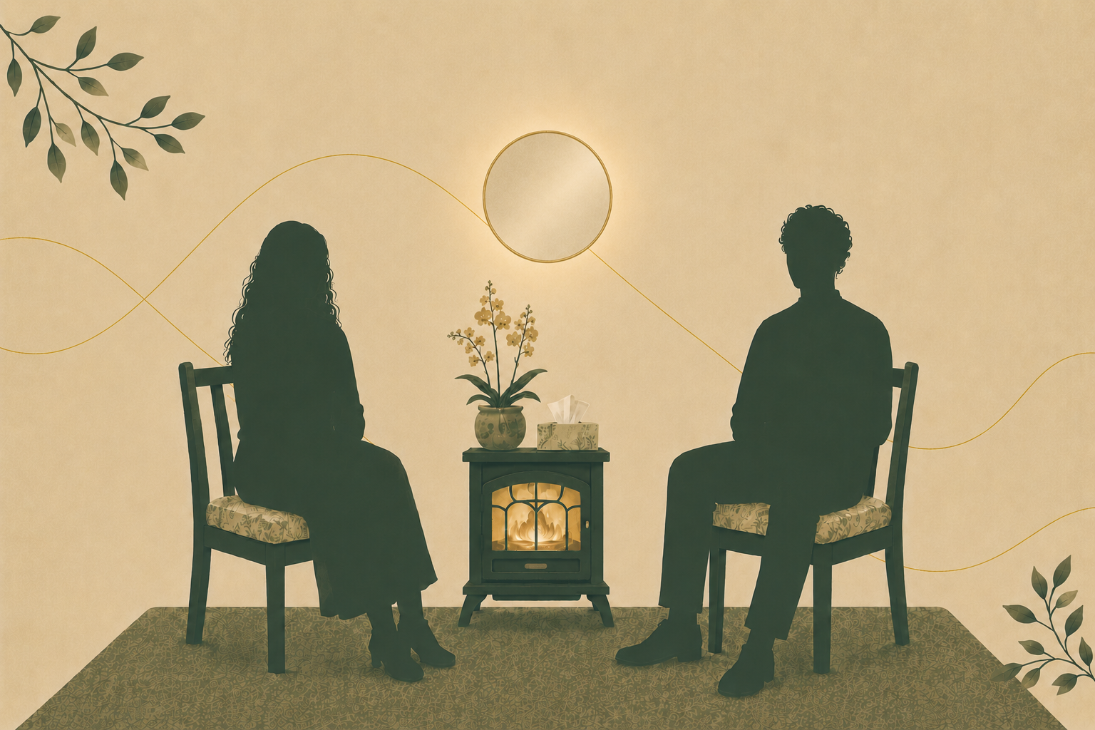 Silhouettes of a woman and a man sitting on chairs facing each other in a cozy room with a fireplace, a potted plant, and a table with a tissue box and a decorative item, with a mirror on the wall and decorative leaves in the top left and bottom right corners.