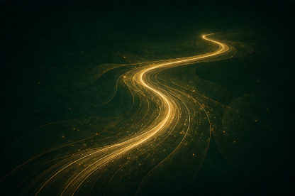 Spiral streaks of light glowing in gold against a dark background, forming a winding path.