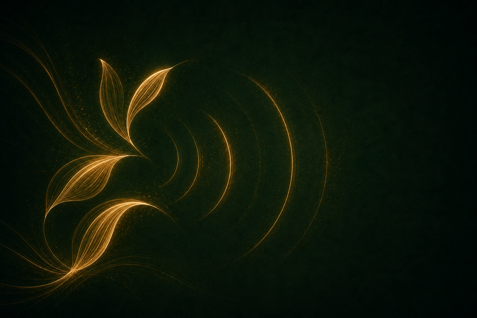 Abstract digital art with golden flowing leaf shapes and concentric circles on a dark background.