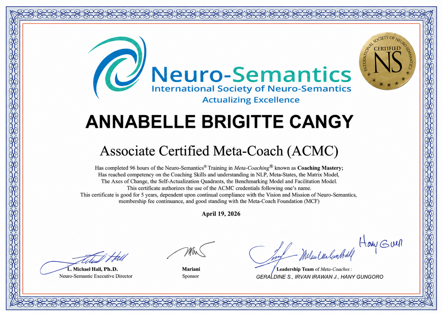 Certificate awarded to Annabelle Brigitte Cangy by Neuro-Semantics, recognizing her as an Associate Certified Meta-Coach (ACMC). The certificate is dated April 19, 2026, and includes signatures from the Neuro-Semantics executive director, a sponsor, and leaders of Meta-Coaches. The certificate features the Neuro-Semantics logo and a gold seal from the International Society of Neuro-Semantics.