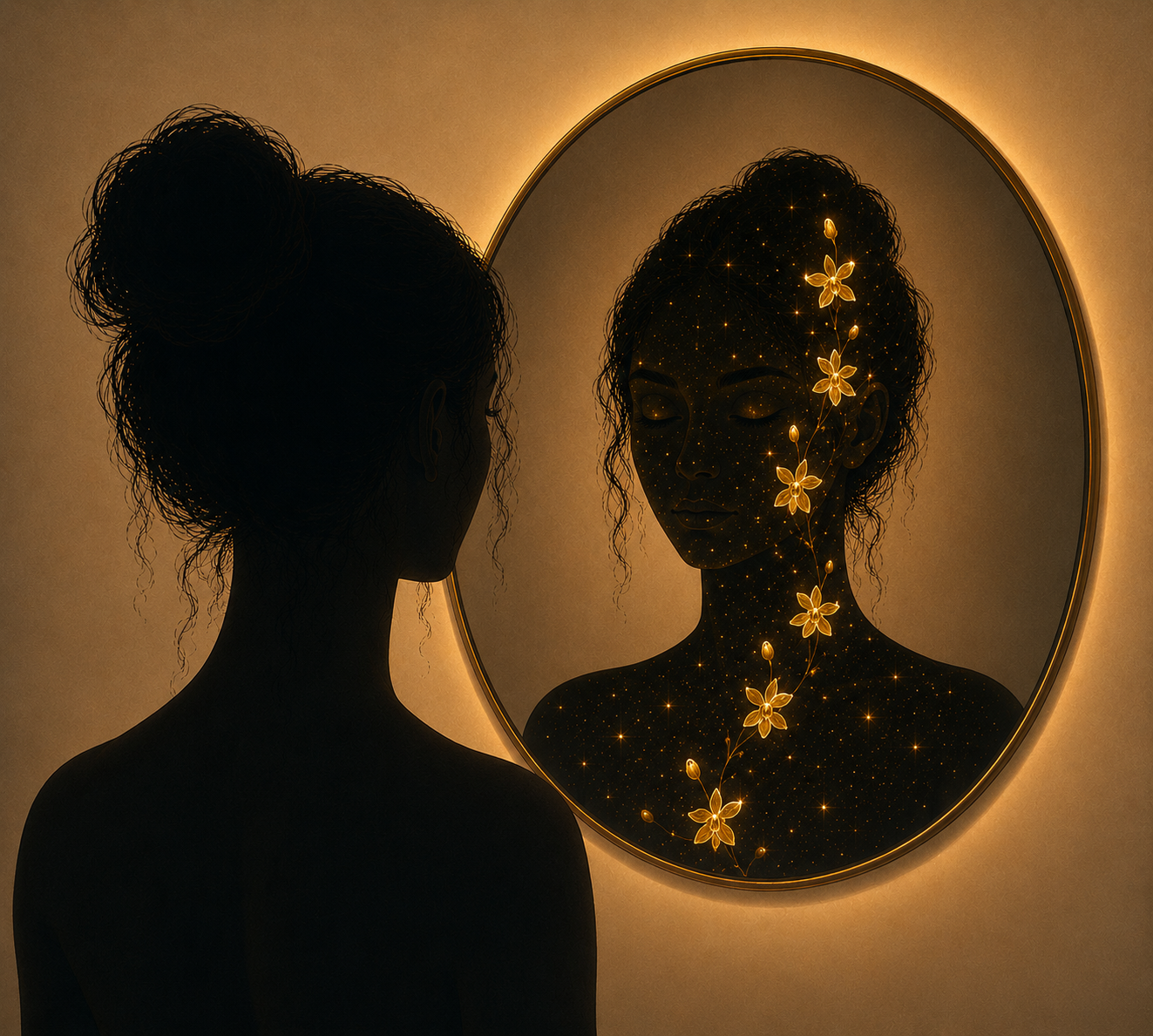 Silhouette of a woman looking at her reflection in a mirror, with the reflection showing a starry, galaxy-like pattern decorated with glowing flowers.
