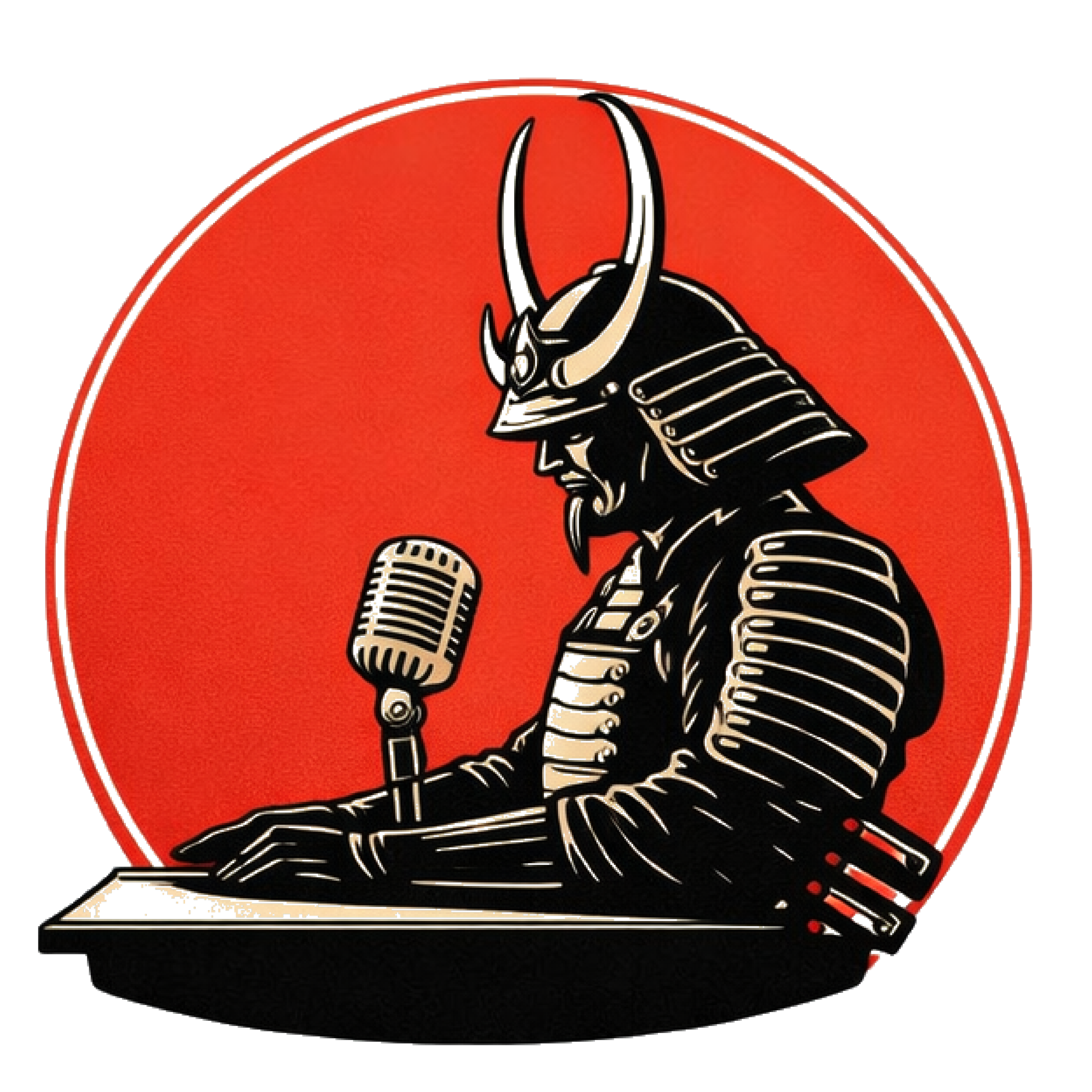 Illustration of a samurai recording a podcast, representing It's Not About The Fight hosted by Ross Cameron.
