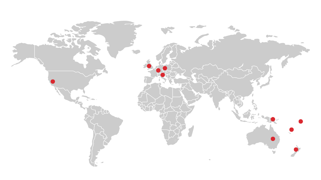 World map highlighting countries where Ross Cameron has taught seminars and supported martial arts communities.