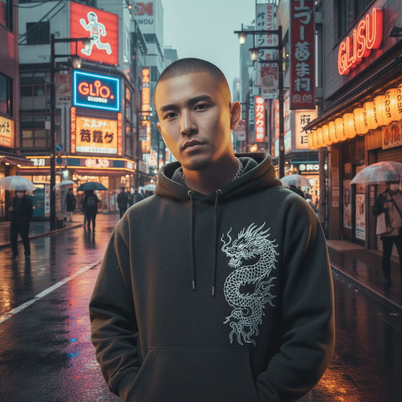 大阪の夜の街に立つTAT$U。
ネオンの光を背に、
フードを纏ったアーティストの姿。