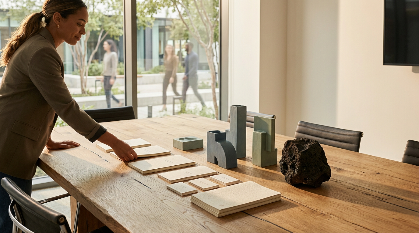 Vrouw die op een houten tafel in een vergaderruimte bladert, met verschillende boeken en kunstobjecten.