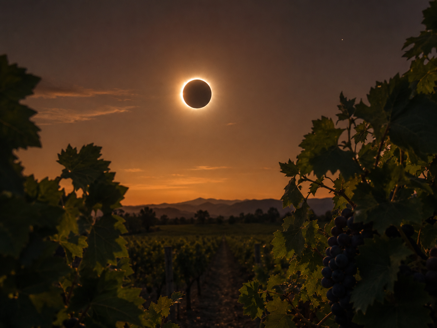 Una imagen del eclipse solar visto desde un viñedo al atardecer, con ramas de uvas en primer plano y montañas al fondo.