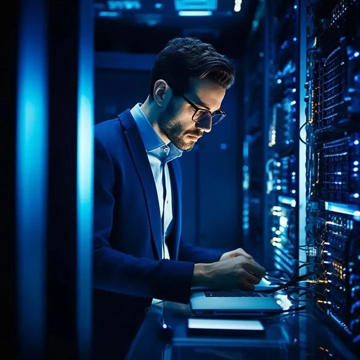 A man in a blue suit and glasses working on a laptop at a server rack in a data center with blue lighting.