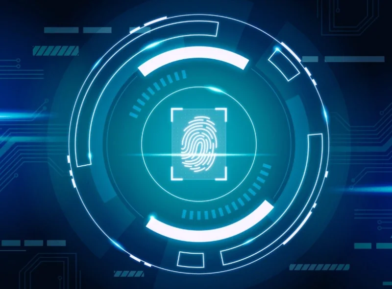 Futuristic digital fingerprint scanner interface with glowing blue and white elements.