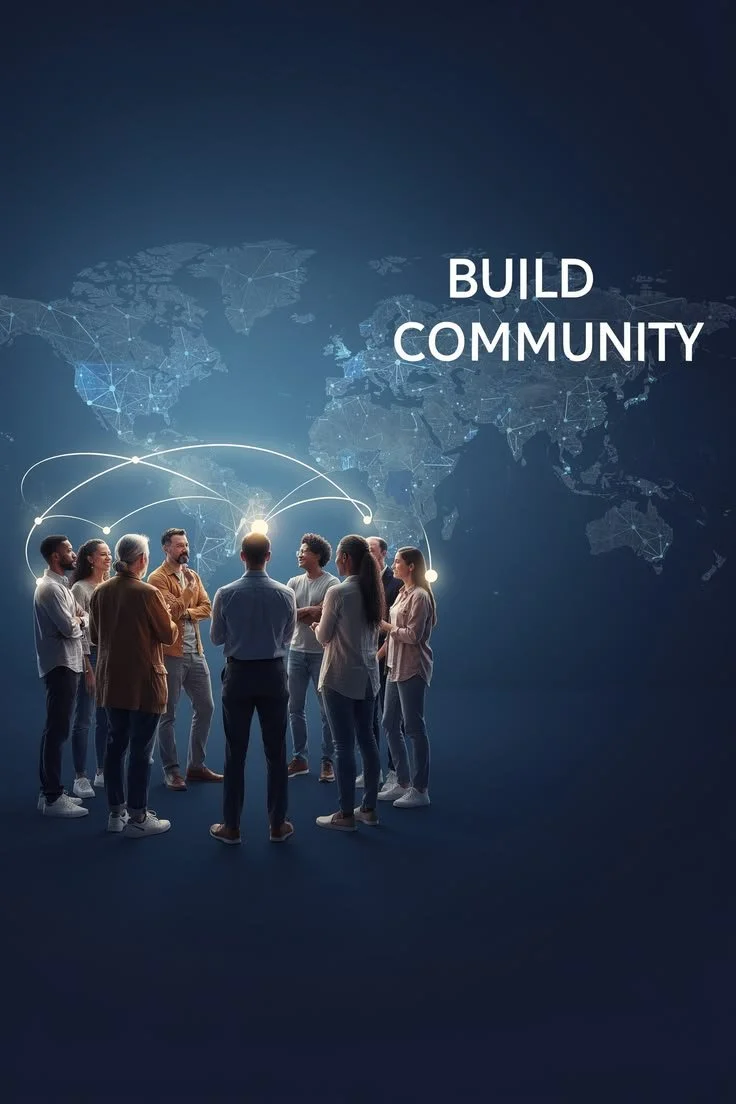 A group of diverse people standing in a circle, discussing, with a digital world map and connecting lines in the background, and the words 'Build Community' to the right.