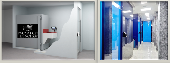 Two separate images of different data centers or server rooms. The left image shows a clean, minimalist room with a sign that says 'Innovation Technology'. The right image depicts a bright, modern server room with blue and silver equipment.