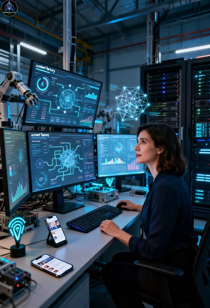A woman working in a high-tech data center with multiple monitors displaying data analytics, artificial intelligence graphics, and network diagrams.