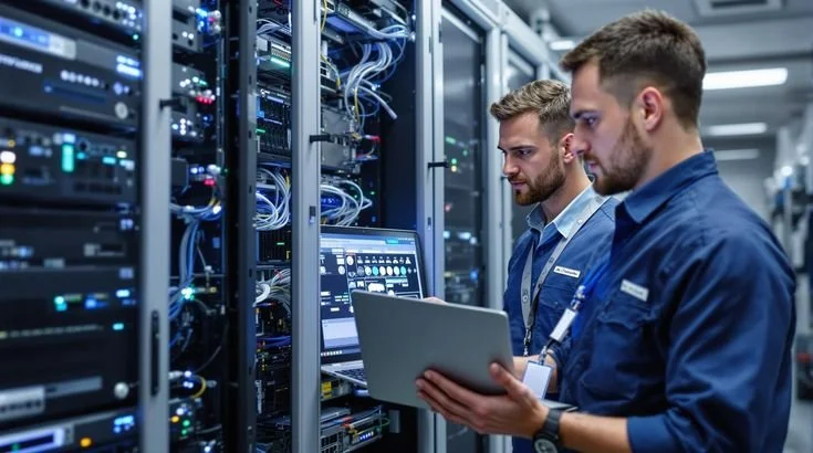 Two technicians working in a server room with racks of servers and networking equipment, one holding a laptop and the other analyzing data.