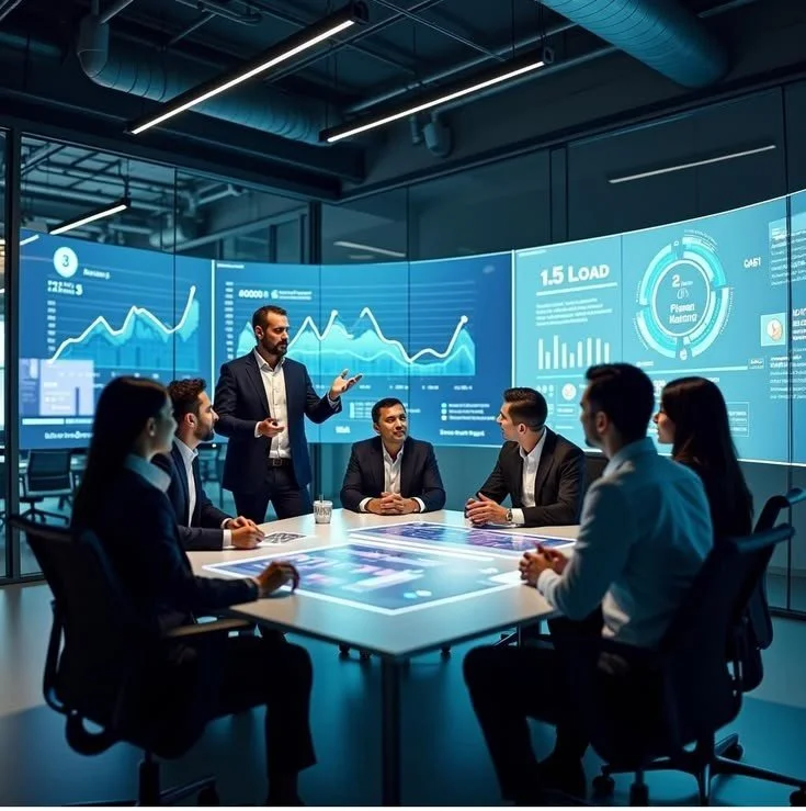 Business meeting in a high-tech conference room with large digital screens displaying graphs and data.