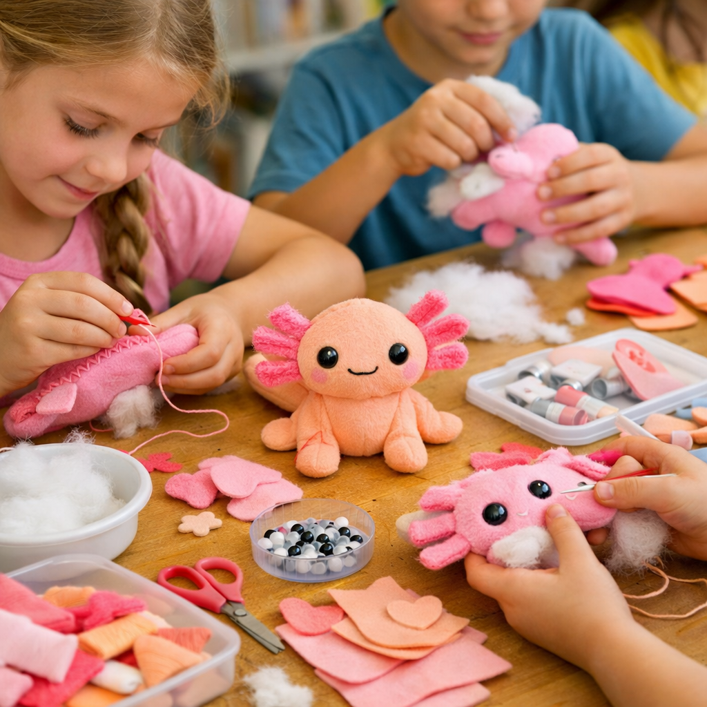 Children making plush toy crabs with pink, peach, and white felt and stuffing at a craft table.