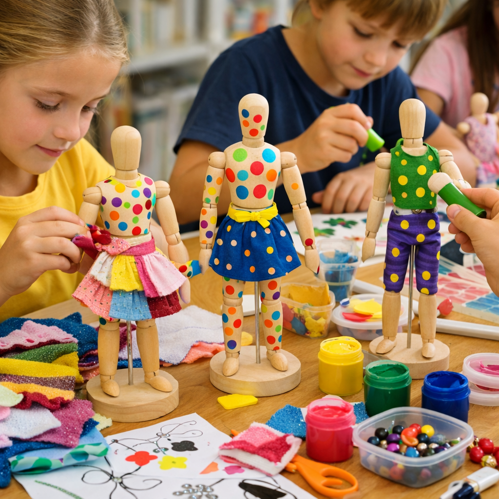 Children decorating wooden mannequins with colorful paints, fabrics, and accessories at a craft table.