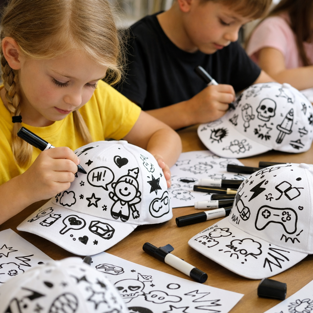 Children drawing black marker doodles on white baseball caps at a table.