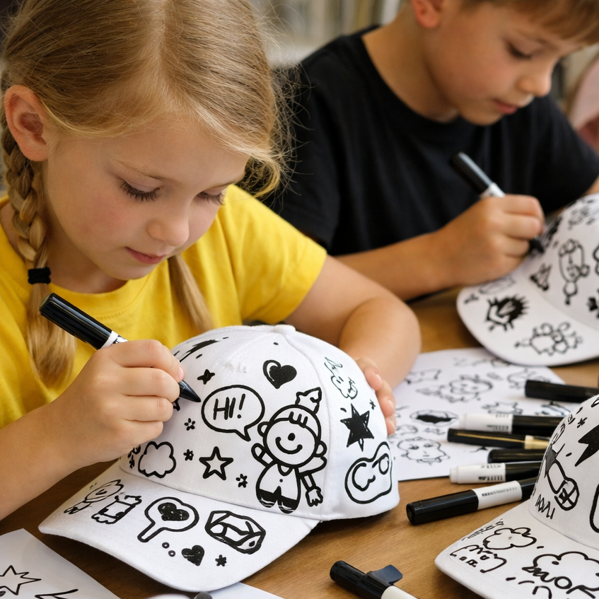Children coloring on white hats with black markers, doodles of stars, hearts, and cartoon characters, sitting at a wooden table.